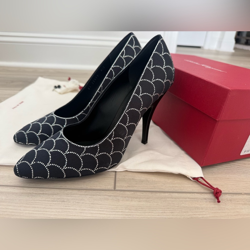 Salvatore Ferragamo “Judy” Pumps in Black Satin with Crystal Embellishments